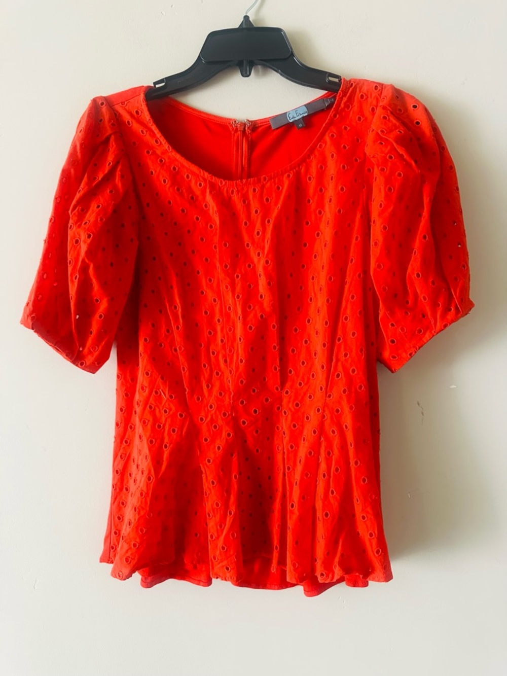 Anthropologie Red Eyelet Puff Sleeve Blouse